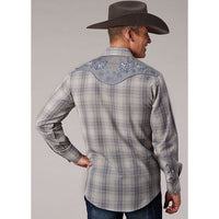 ROPER MENS LIGHT GREY PLAID SHIRT WITH EMBROIDERY