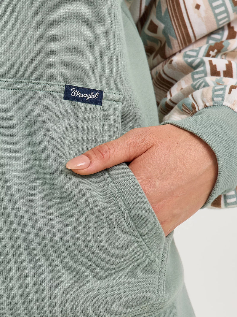 WRANGLER WOMENS LOGO SOUTHWESTERN YOKE PULLOVER HOODIE - GREEN