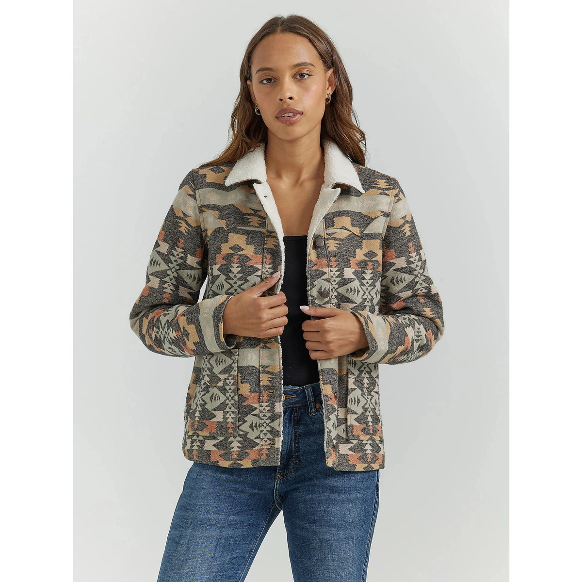 WRANGLER WOMENS SHERPA LINED SOUTHWESTERN BARN JACKET - GREY LEO