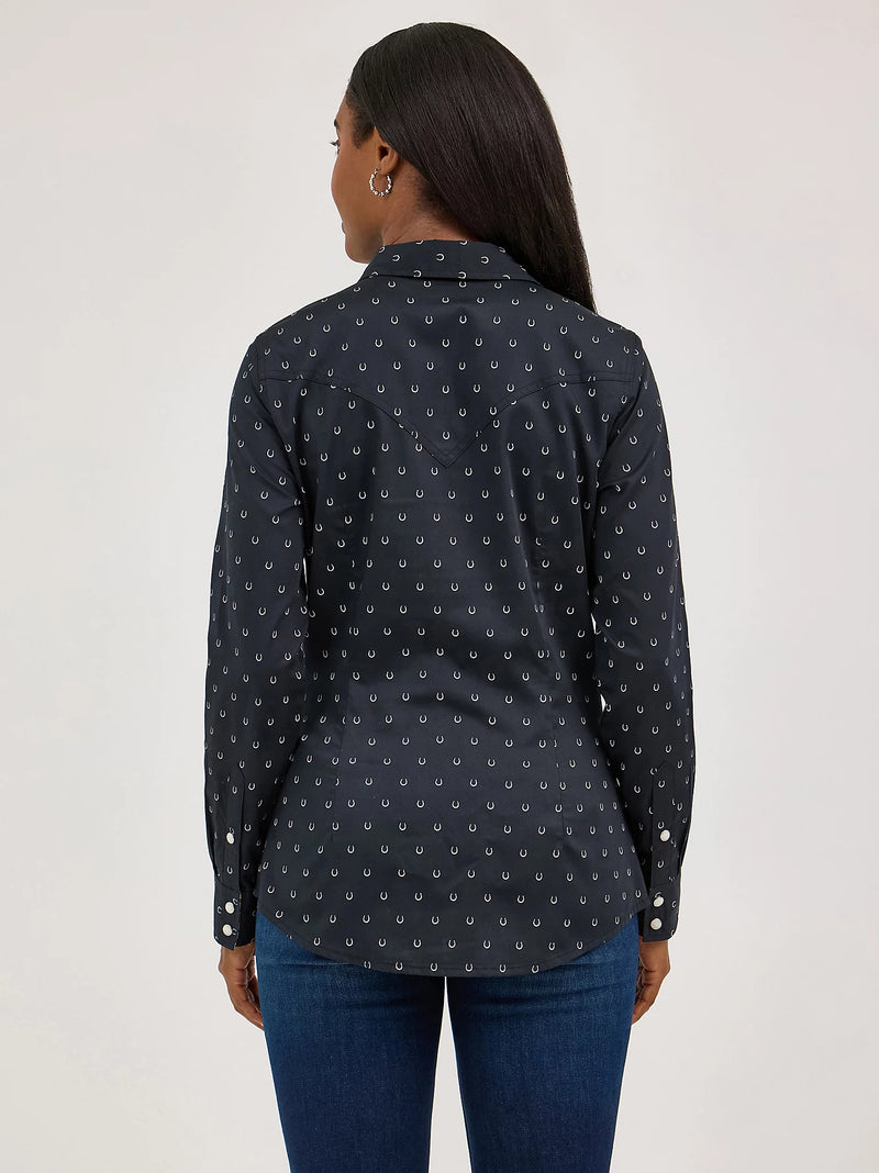 WRANGLER WOMENS ALL OCCASION WESTERN SNAP SHIRT - HORSESHOE BLACK