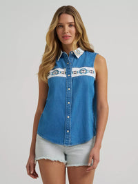WRANGLER WOMENS EMBELLISHED DENIM SLEEVELESS SNAP SHIRT - MID DENIM