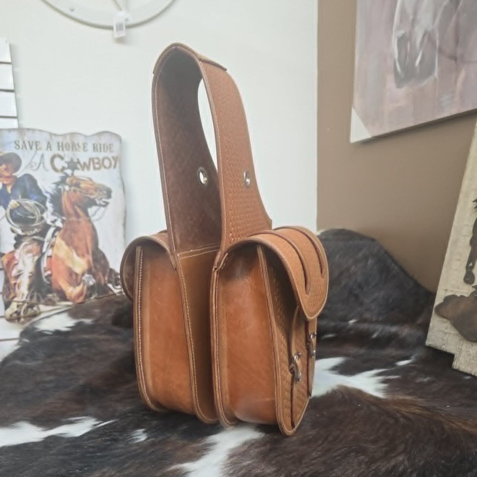 Leather Saddle Bags -  Basketweave Light Oil