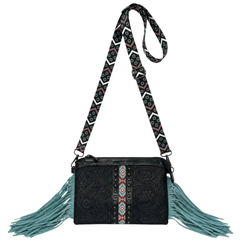 Black Western Shoulder Bag with Turquoise Fringe Accents