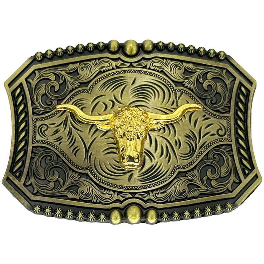 Vintage Women's Belt Buckles - Golden Longhorn on Floral Design