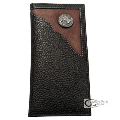 Portefeuille long à deux volets en cuir véritable Western pour homme - Coins ornés d'un concho à motif cheval en relief