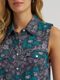 WRANGLER WOMENS BREEZY SLEEVELESS CROP WESTERN SNAP SHIRT - PURPLE