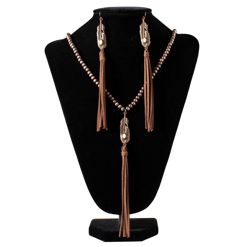 SILVER STRIKE EARRING AND NECKLACE SET - FEATHER TASSEL BROWN