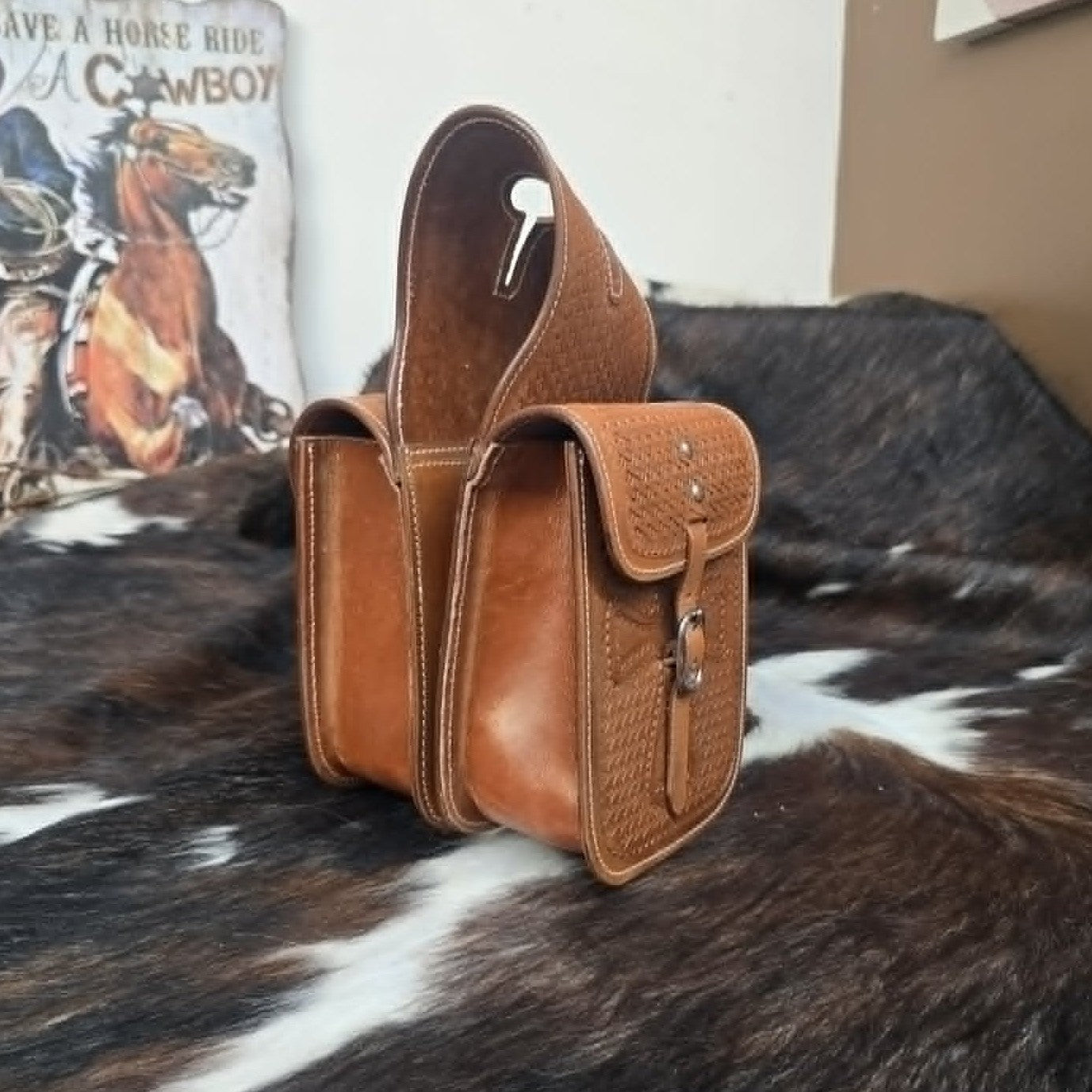 Leather Saddle Bags -  Light Oil Basketweave with Cross