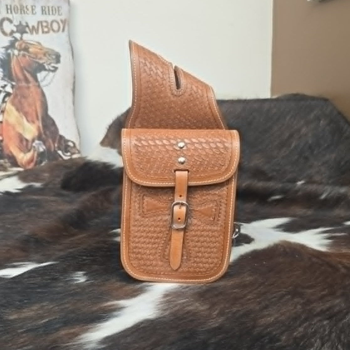 Leather Saddle Bags -  Light Oil Basketweave with Cross