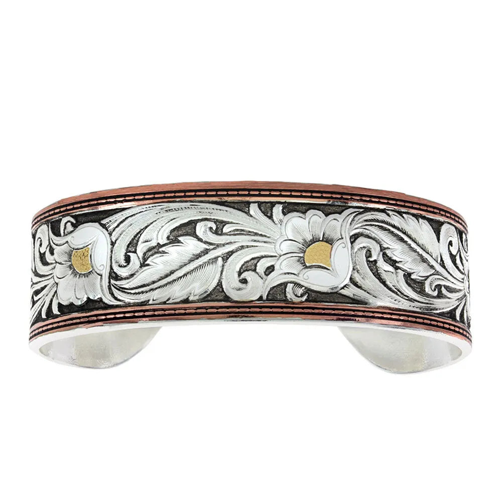 MONTANA SILVERSMITHS LEATHERCUT TRI-COLORED FLORAL CUFF BRACELET