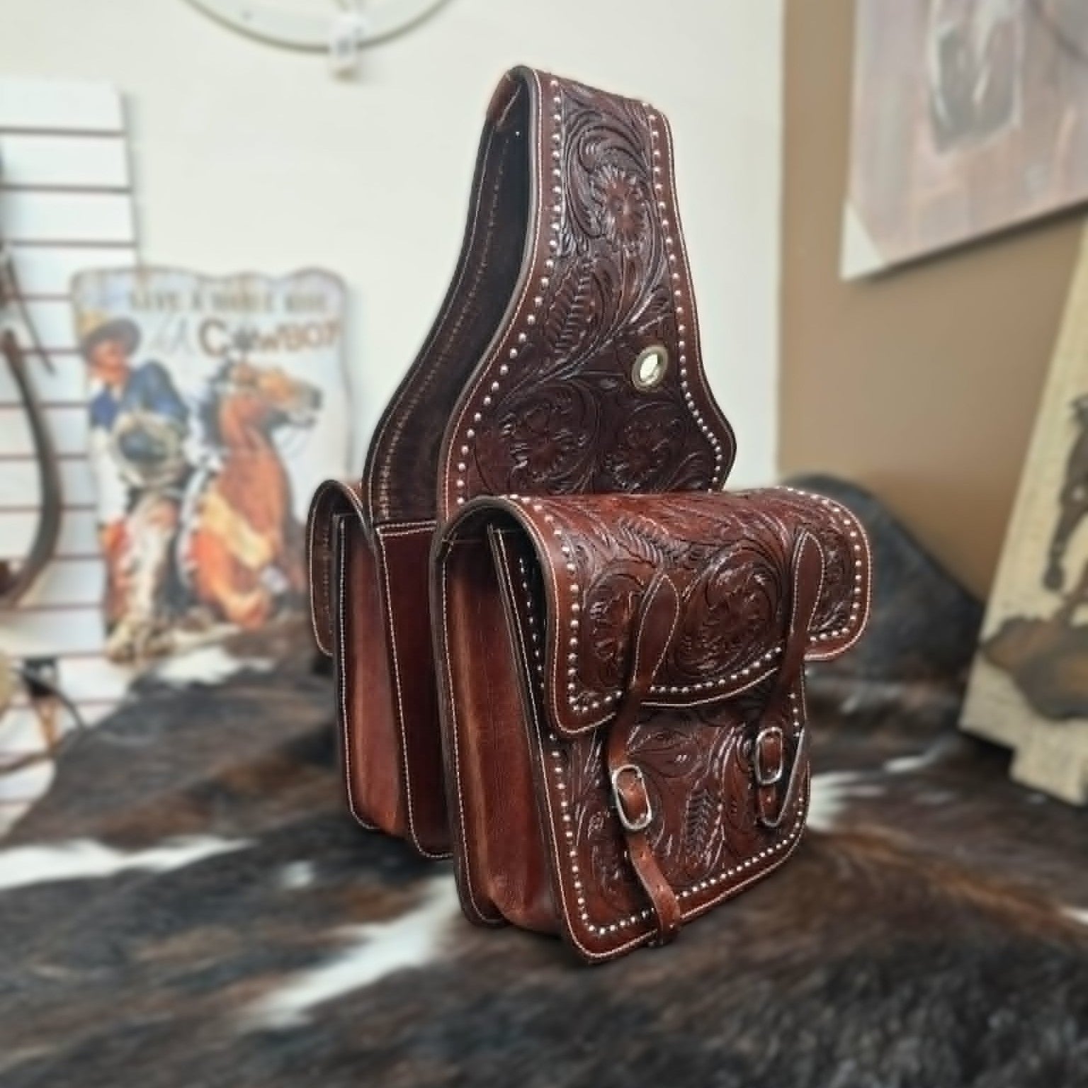 Leather Saddle Bags -  Dark Oil Floral with Studs