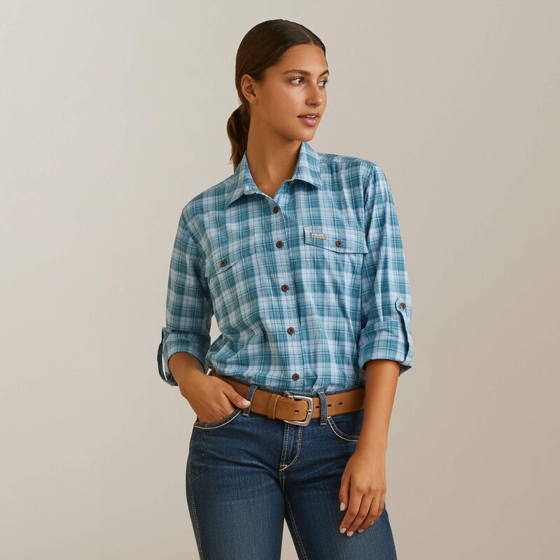 ARIAT WOMENS REBAR TOUGH DURASTRETCH WORK SHIRT- SKY PLAID