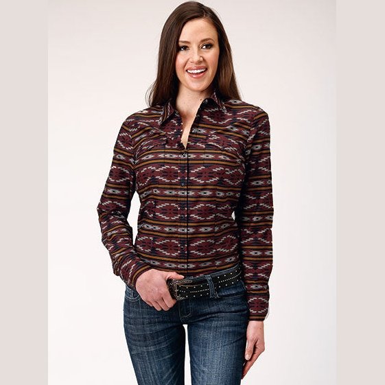 ROPER WOMENS RED AZTEC HORIZONTAL STRIPE WESTERN SHIRT