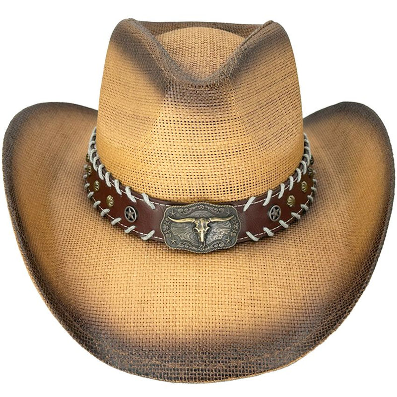 COWBOY HAT WITH LONG HORN BULL LEATHER LACED BAND