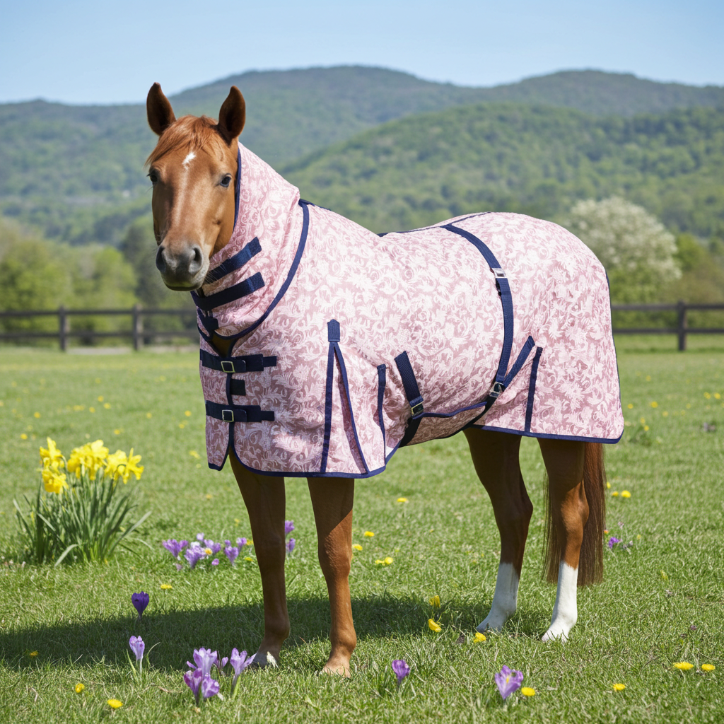 Nordic Star Special Edition Mesh Fly Sheet With Neck & Belly - Dusty Rose Floral with Navy Binding