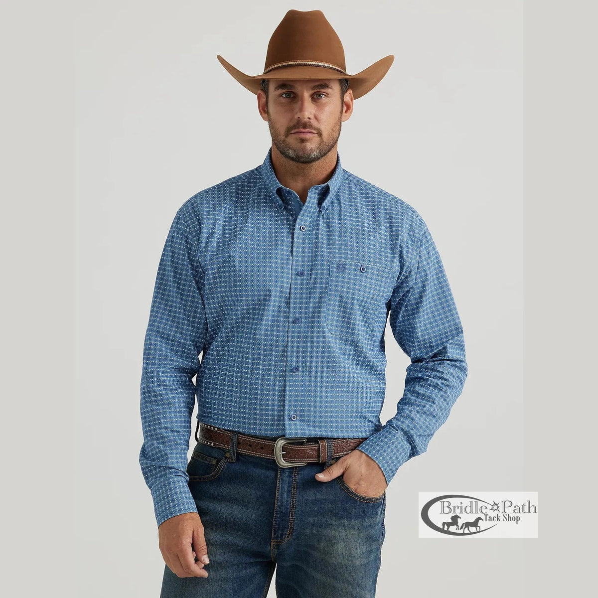 WRANGLER MENS GEORGE STRAIGHT BUTTONE DOWN SHIRT - BLUE CHAIN