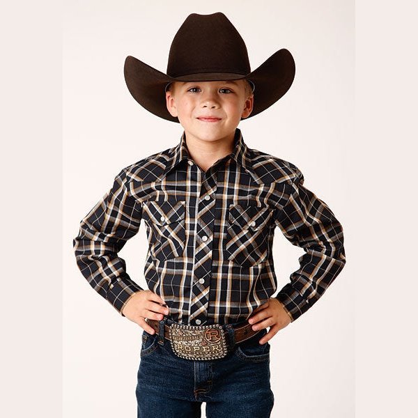 ROPER BOYS WESTERN SHIRT - NAVY/CREAM PLAID