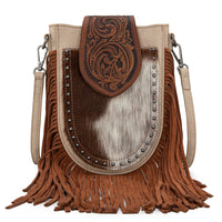 TRINITY RANCH GENUINE HAIR ON COWHIDE TOOLED FRINGE CROSSBODY
