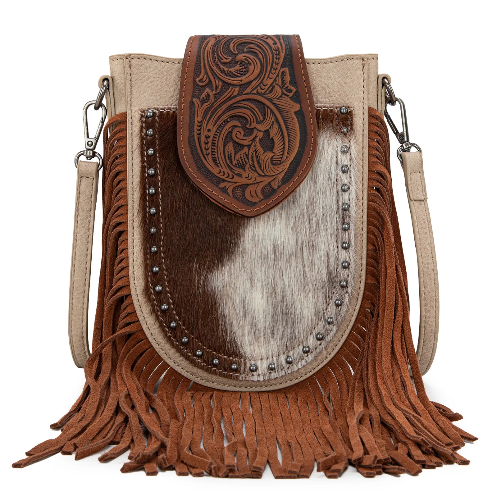 TRINITY RANCH GENUINE HAIR ON COWHIDE TOOLED FRINGE CROSSBODY