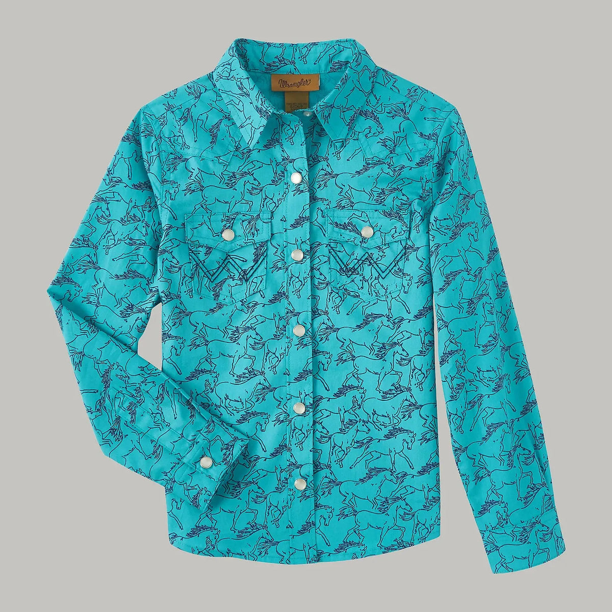 WRANLGER GIRLS COWGIRL PRINT SNAP SHIRT - TEAL