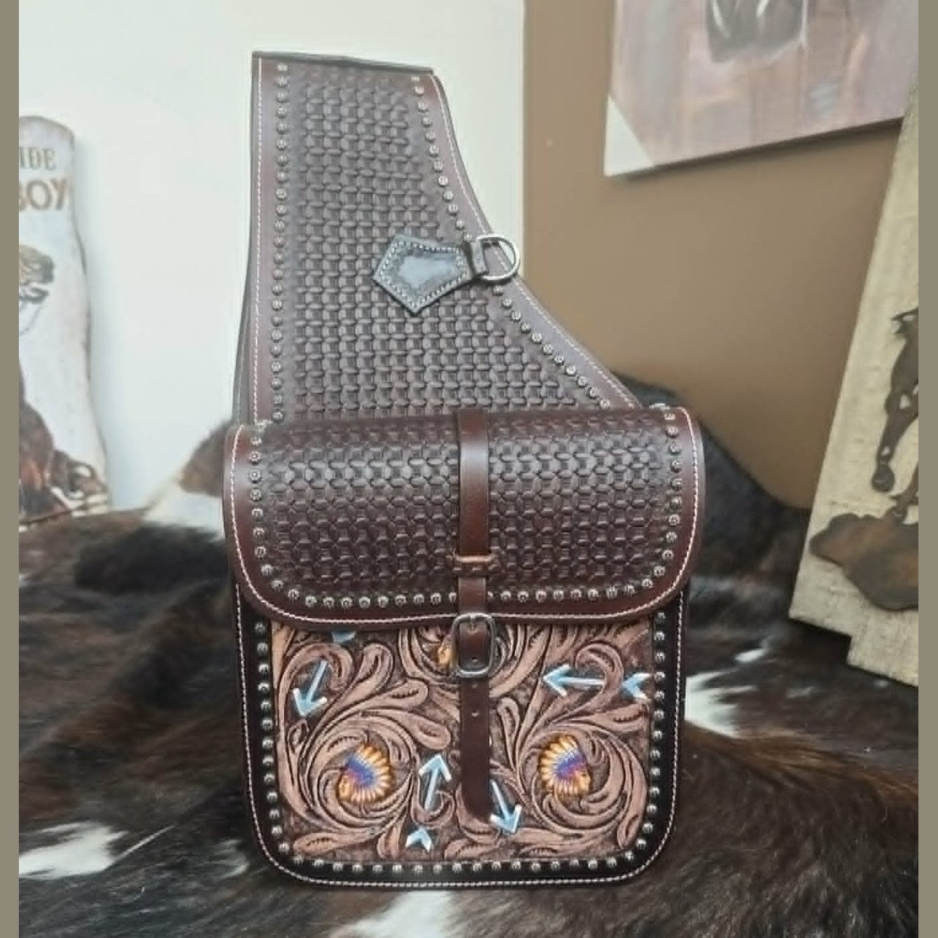 Leather Saddle Bags -  Dark Oil Basketweave with Painted Arrows