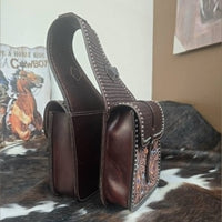 Leather Saddle Bags -  Dark Oil Basketweave with Painted Arrows