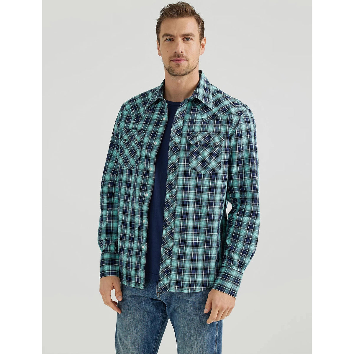 WRANGLER MENS RETRO LONG SLEEVE WESTERN SHIRT - TEAL DREAM