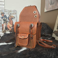 Leather Saddle Bags -  Chestnut Basket Weaver with Outer Pocket