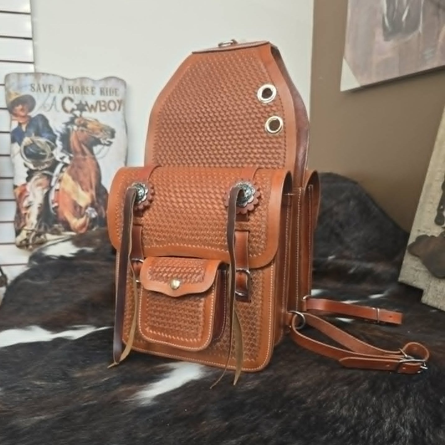 Leather Saddle Bags -  Chestnut Basket Weaver with Outer Pocket