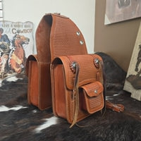 Leather Saddle Bags -  Chestnut Basket Weaver with Outer Pocket