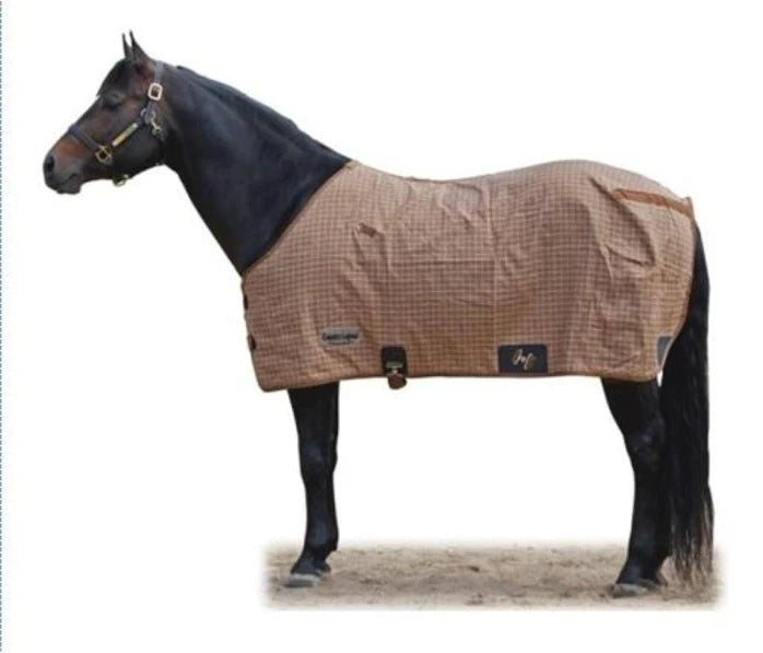 A horse wearing a tan and brown checkered turnout rug, shown in profile against a white background. Two circular inset swatches on the right show alternative rug color options: one maroon and brown plaid with the number 7674, and one blue and white plaid with the number 7675.