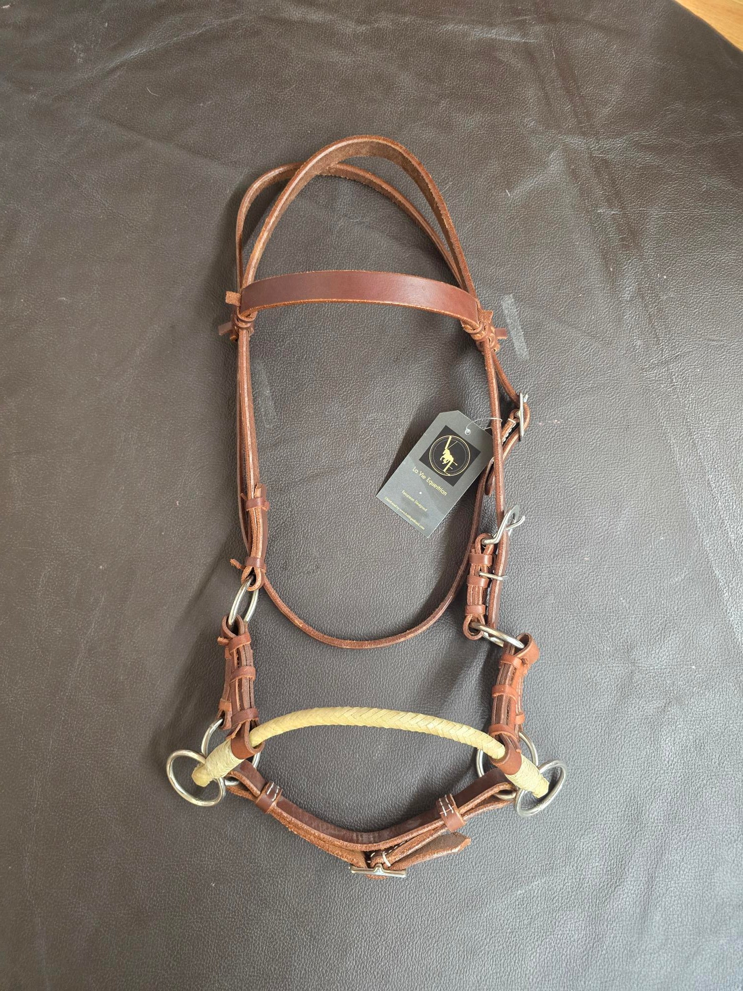 HARNESS LEATHER SIDE PULL WITH RAWHIDE NOSEBAND - PONY