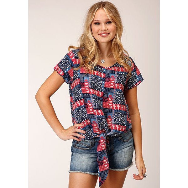 ROPER WOMENS BANDANA PRINT SHORT SLEEVE BLOUSE