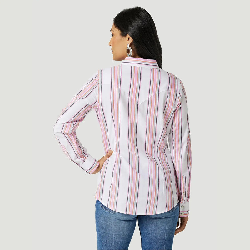 WRANGLER WOMENS STRIPE WESTERN SNAP SHIRT - PINK WHITE