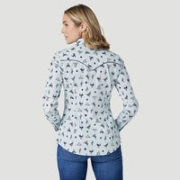 WRANGLER WOMENS COWGIRL CACTUS WESTERN SNAP SHIRT - BLUE