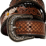 MYRA CHECKERED BROWN HAND TOOLED LEATHER BELT