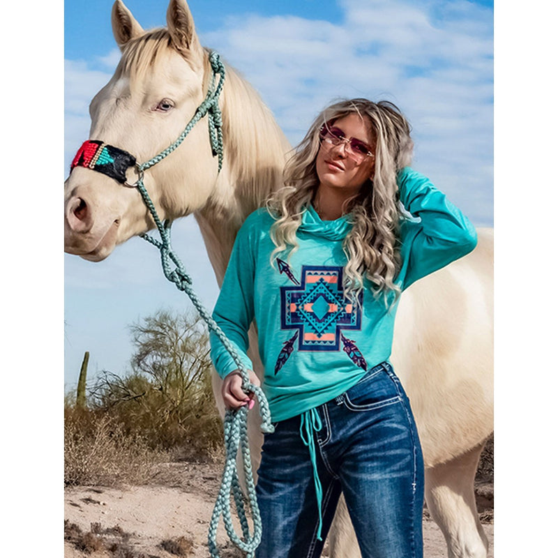 COWGIRL TUFF WOMENS PRINT SLUB COWL NECK LONG SLEEVE - TURQUOISE