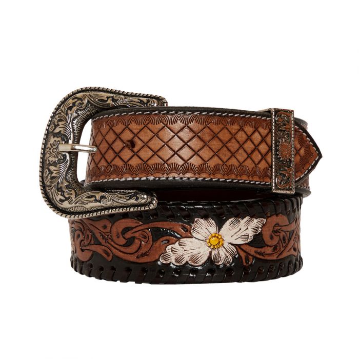 Myra Checkered Brown Hand Tooled Leather Belt