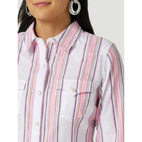 WRANGLER WOMENS STRIPE WESTERN SNAP SHIRT - PINK WHITE