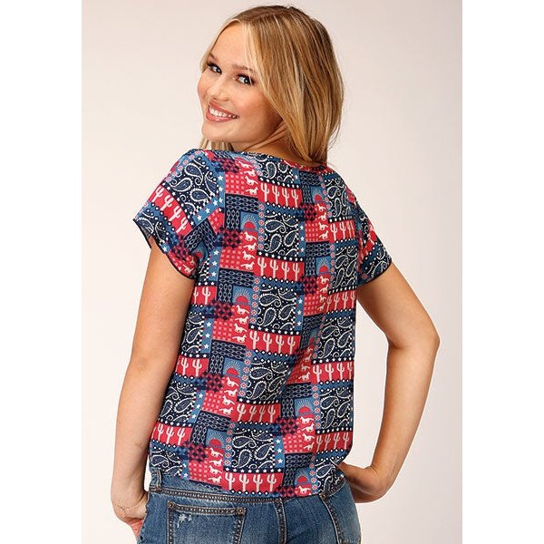 ROPER WOMENS BANDANA PRINT SHORT SLEEVE BLOUSE