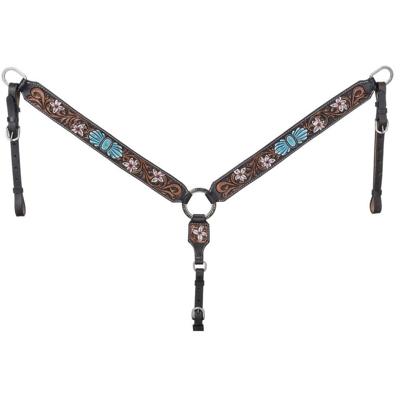 SILVER ROYAL TURQ FLOWERS BROW HEADSTALL & BREAST COLLAR SET