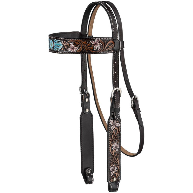 SILVER ROYAL TURQ FLOWERS BROW HEADSTALL & BREAST COLLAR SET