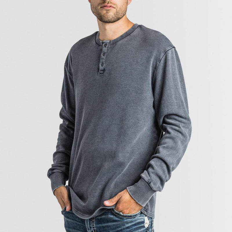 SILVER MENS THERMAL ACID WASH HENLEY