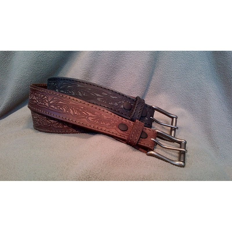 Mens Tooled Stitched Belt - BROWN