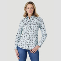 WRANGLER WOMENS COWGIRL CACTUS WESTERN SNAP SHIRT - BLUE