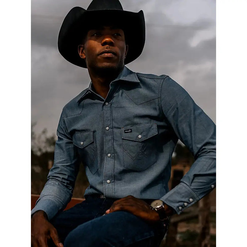 WRANGLER MEN WESTERN SNAP SHIRT CHAMBRAY BLUE Bridle Path Tack