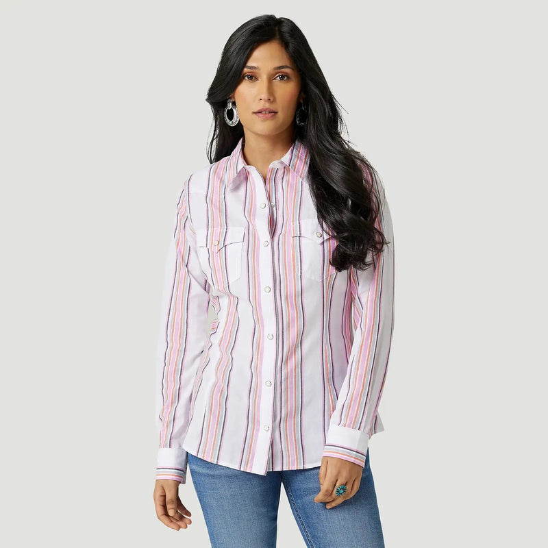 WRANGLER WOMENS STRIPE WESTERN SNAP SHIRT - PINK WHITE